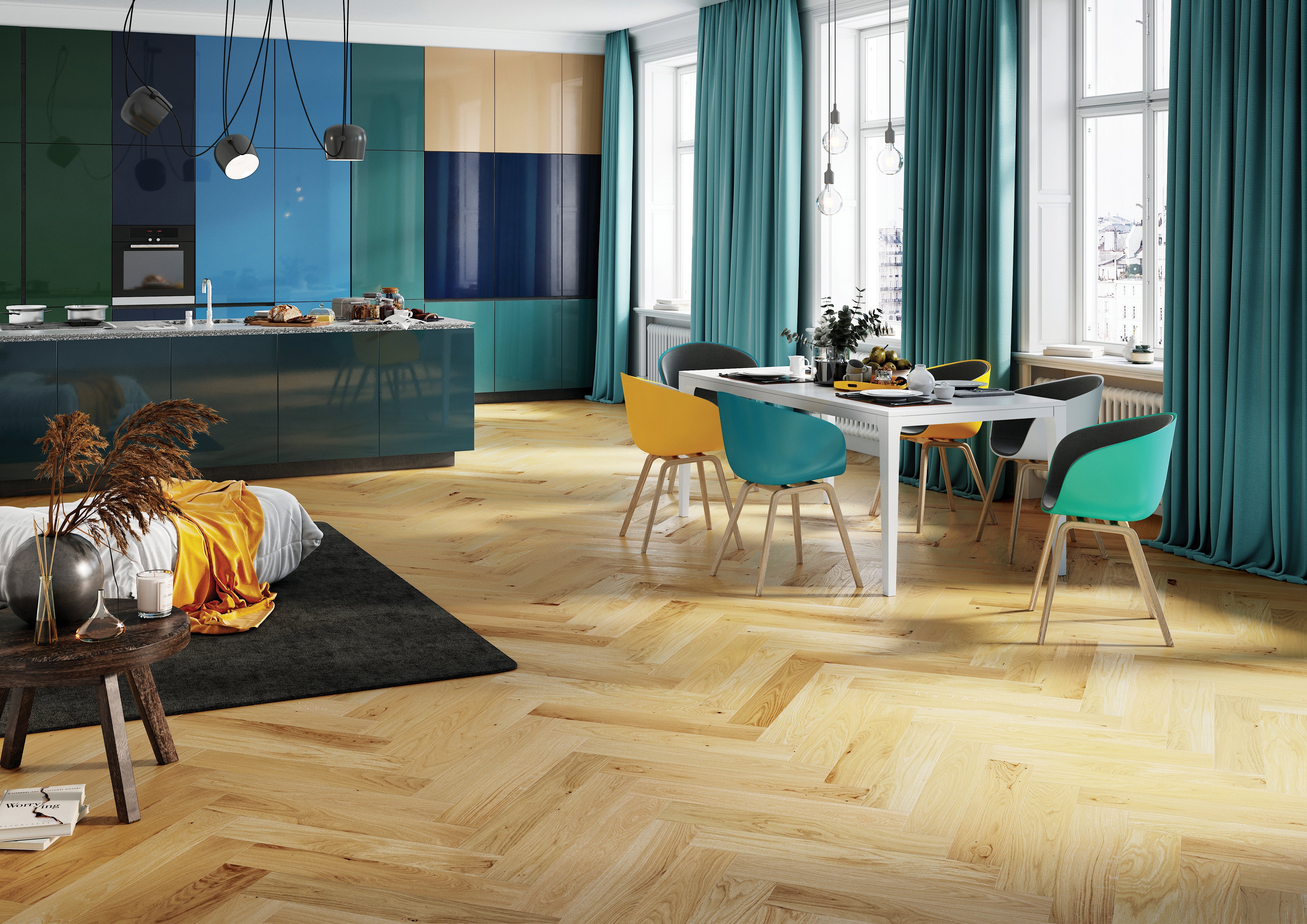 quality natural wood flooring laid in herringbone pattern