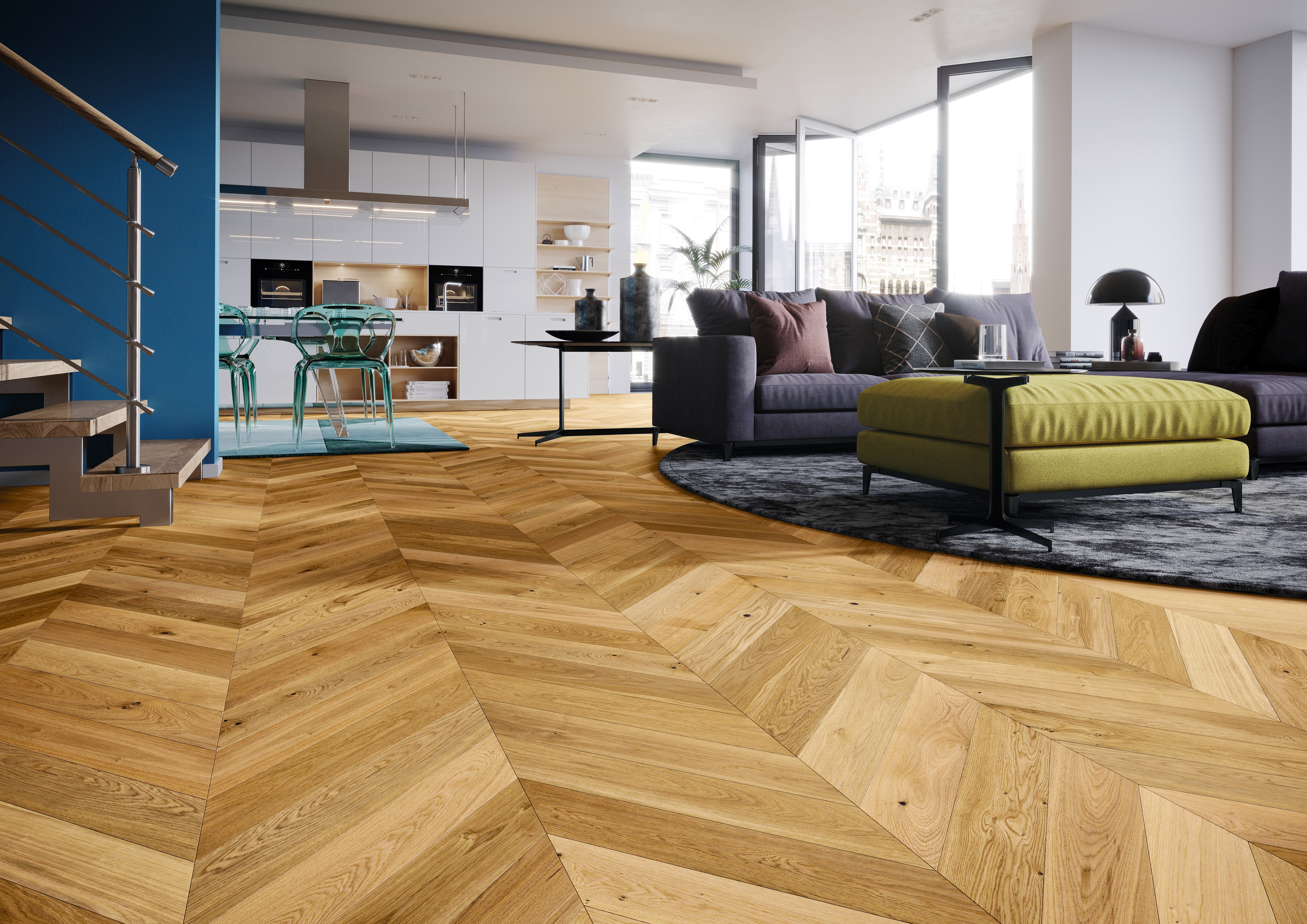 Natural wood flooring laid in chevron pattern